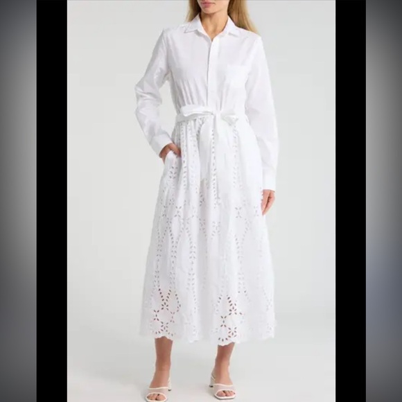 Frank & Eileen Dresses & Skirts - Frank & Eileen Grace Eyelet Lace Midi Dress Long Sleeve Shirtdress White Large